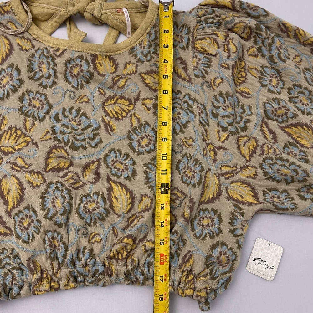 Free People Shirt Womens Medium Floral Jacquard‎ Puff Sleeve Open Back Boho NWT - Picture 7 of 7